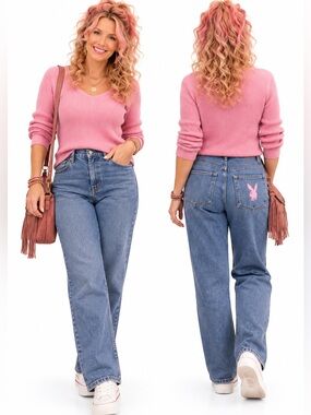 Playboy Y2K Carpenter Jeans Pink Bunny Logo Straight Leg Size 5